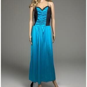 Vintage Undercover Wear Nightgown Blue Nylon Lace Ruched Bust Maxi Slip Medium